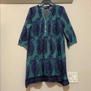 La Plage Maye Dress in Blue/Green Paisley Print SZ L EUC